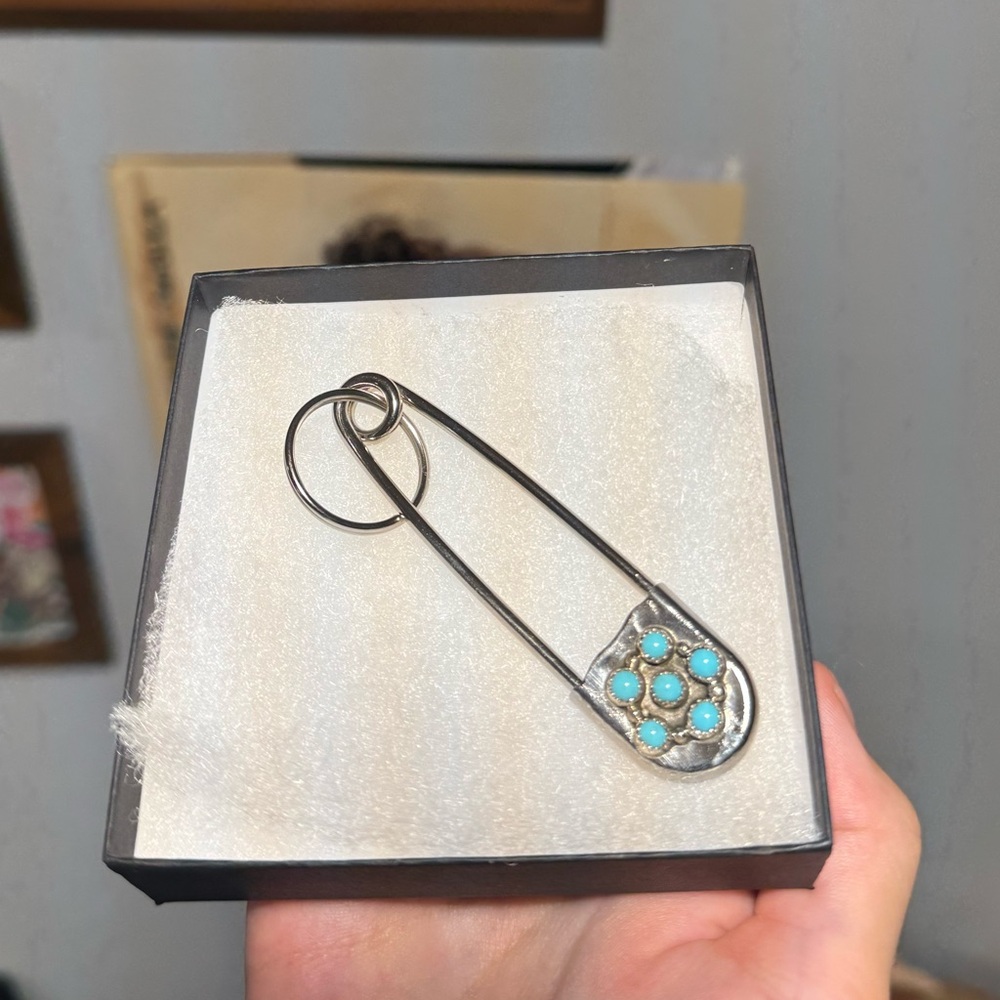 Silver and Turquoise Safety Pin Brooch